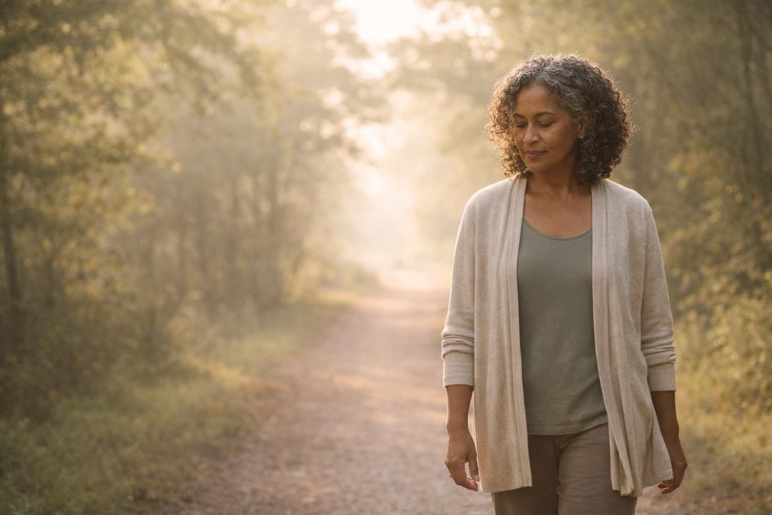 Woman walking in peace.