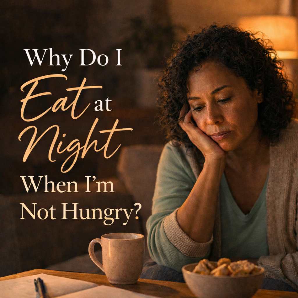 woman sitting quietly at night thinking about emotional eating