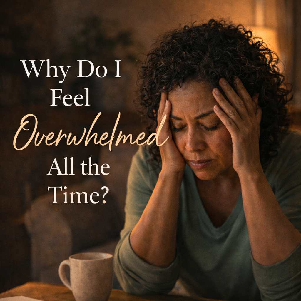 A woman contemplating feeling overwhelmed